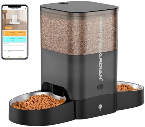HoneyGuaridan Automatic Cat Feeder for 2 Cats, 2.4/5G WiFi Smart Feed Pet Feeder with Stainless Steel Bowl,APP Control Dispenser, Dual Power Supply,Desiccant Bag,10s Meal Call Black