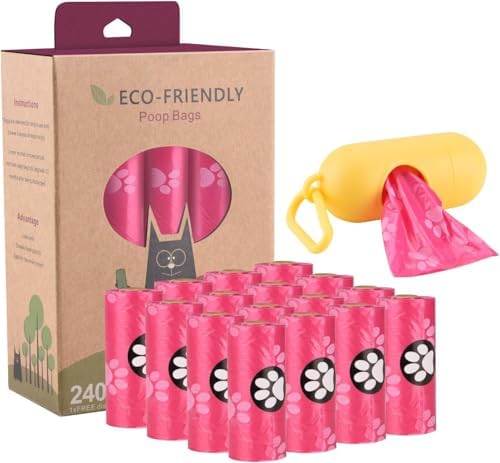 WDFAACK Dog Poo Bags with Holder-240 Large Poop Bags, Corn Starch Blended Bag, Extra Thick Strong Leak Proof Waste Bag for Dogs (Pink)