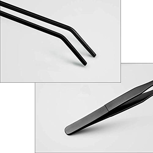 2PCS Aquarium Tweezers Stainless Steel Straight and Curved Tweezers Set Long Handle Reptile Feeding Tongs for Aquatic Plants Lizards Spider Snakes Garden Repairing - 10.6inch, Black
