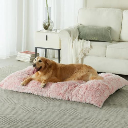 BFPETHOME Dog Bed for Large Dogs, Plush Kennel Pad for Sleeping &Ease Anxiety, Washable Mats with Anti-Slip Bottom - 53 x 36 inch Pink