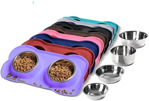 Hubulk Pet Dog Bowls 2 Stainless Steel Dog Bowl with No Spill Non-Skid Silicone Mat + Pet Food Scoop Water and Food Feeder Bowls for Feeding Small Medium Large Dogs Cats Puppies (Large, Purple)