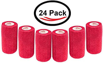 3 Inch Vet Wrap Tape Bulk (Red) (Pack of 24) Self Adhesive Adherent Adhering Flex Bandage Grip Roll for Dog Cat Pet Horse