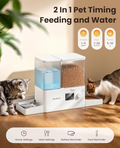 ROJECO Automatic Cat Feeder & Water Dispenser,Button Customizable Feeding