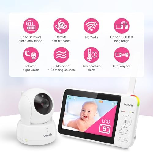 VTech Baby Monitor No WiFi, 5" Screen & Remote Pan-Tilt-Zoom for Newborns – Hack-Proof, 17Hr Battery, 1000ft Range, Auto Night Vision, Temperature Sensor, Two-Way Talk | VM924