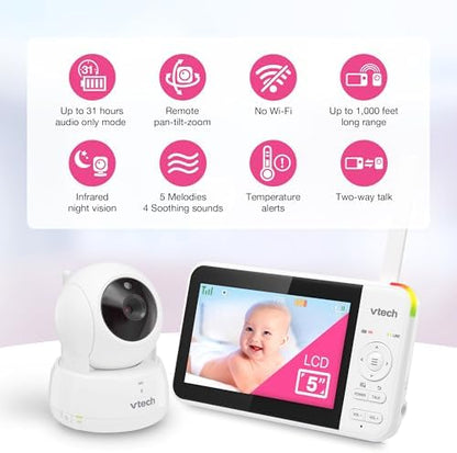 VTech Baby Monitor No WiFi, 5" Screen & Remote Pan-Tilt-Zoom for Newborns – Hack-Proof, 17Hr Battery, 1000ft Range, Auto Night Vision, Temperature Sensor, Two-Way Talk | VM924