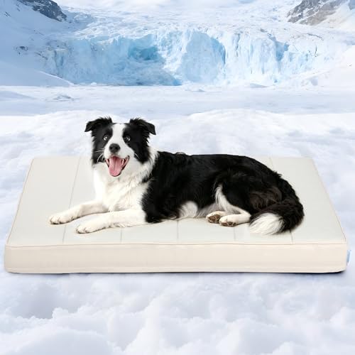 Cooling Dog Bed for Large Dogs - Orthopedic Pet Beds with Memory Foam, QMAX>0.5, Waterproof Removable Washable Cover for Hot Weather, Dark Beige, 35" L x 23" W x 3" H
