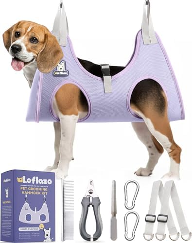 Loflaze Dog Grooming Hammock Harness for Dogs & Cats with Pet Nail Clipper Trimmer - Cat Hanger Sling for Trimming Clipping Nails- Dog Hammock Restraint Bag for Small Medium Large pet （ Purple L）