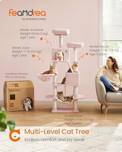Feandrea Cat Tree, 66.1-Inch Large Cat Tower, Multi-Level Condo, Jelly Pink