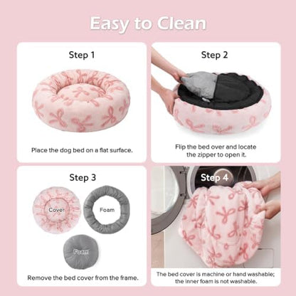 JOEJOY Jacquard Donut Round Dog Beds Medium Sized Dog,Pink 30x30x8in, Removable Washable Cover, Cute Pattern, Ultra Soft Fluffy Calming Pet Bed with Thick Supportive Bolster