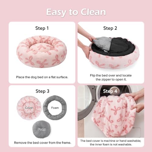 JOEJOY Jacquard Donut Round Small Dog Beds,Pink 23x23x8in, Removable Washable Cover, Cute Pattern, Ultra Soft Fluffy Calming Pet Bed with Thick Supportive Bolster
