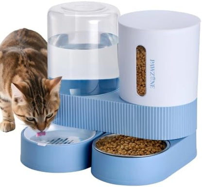 Automatic Cat Feeder Stainless Steel Water Dispenser Gravity Food Feeder and Waterer Set with Pet Food Bowl for Small Medium Kitten Puppy Pets Large Capacity(Blue)