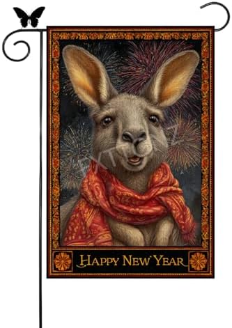 Happy New Year Garden Flag 12x18 Double Sided Vertical Linen Small Fireworks Kangaroo House Flag Welcome Holiday Winter House Outdoor Outside Decorations (27176)