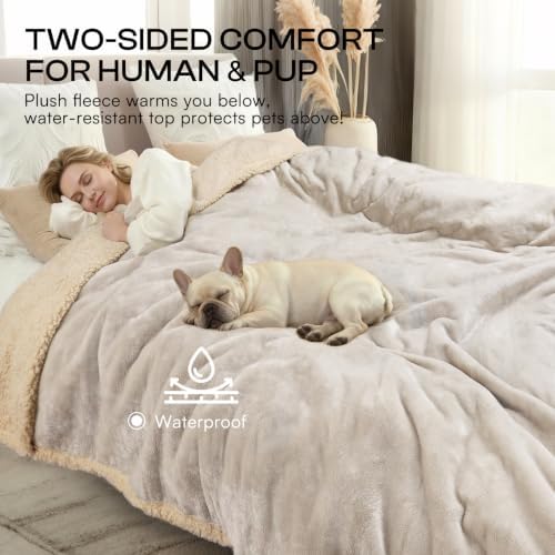Luciphia Waterproof Pet Blankets, Liquid Pee Proof Dog Blanket for Sofa Bed Couch, Reversible Sherpa Fleece Furniture Protector Cover for Small Medium Large Dogs Cats, Dark Beige King Size（100" x 85"）