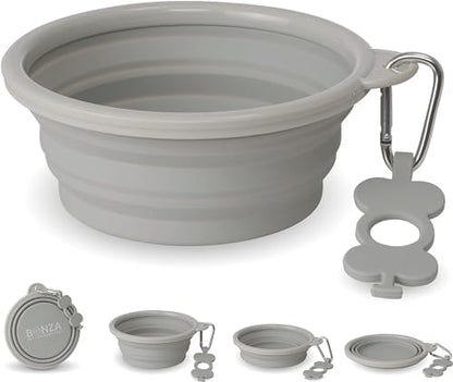 Bonza Collapsible Dog Bowls - 2 Pack, Small 12 oz, Dog Travel Accessories, Silicone Portable Dogs Bowl & Water Dish with Reinforced Rim & Carabiner for Hiking, Camping, and Car Trips, Light Gray