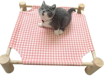 Pozico Elevated Cat & Dog Bed – Wooden Frame Pet Hammock for Small Dogs & Cats, Indoor/Outdoor Raised Bed with Breathable Mesh, Portable Pet Cot Furniture – Pink Grid