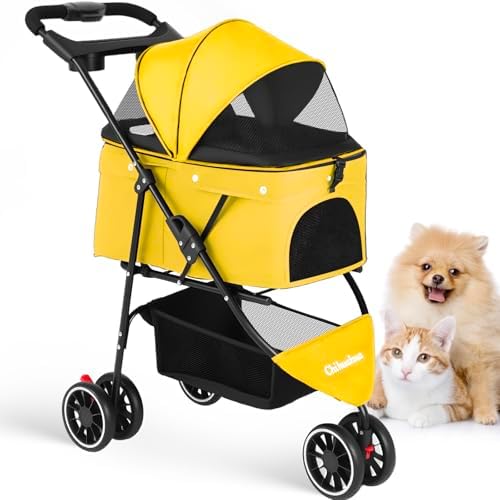 Pet Stroller,Dog Stroller for Small Medium Dogs Cats,3 Wheels,Yellow