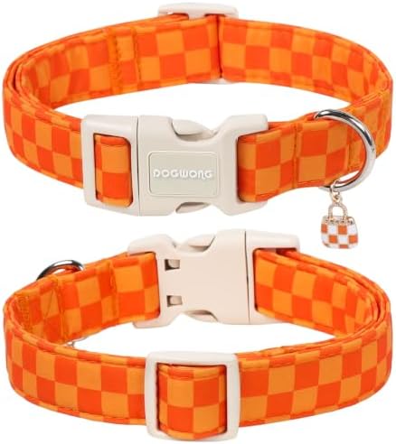 DOGWONG Autumn Plaid Dog Collar, Orange Checked Cute Girl Dog Collar,Orange Plaid Dogs Collars for Small Medium Dogs, Neck 14-21 inches