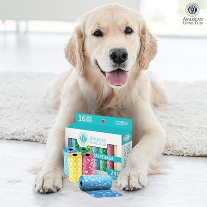 AKC Dog Poop Bags, 240 Count – 16 Rolls, 13 x 9 in Leak-Resistant Pet Waste Bags, Easy-Tear Bags, Assorted Colors