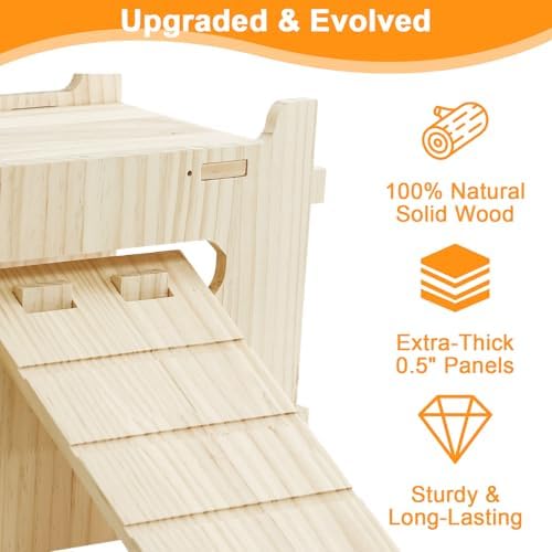 Large Natural Wooden Rabbit Castle,Bunny House,Detachable Rabbit Hideaway, Indoor Hamster Castle with Ramp, Small Animal Houses & Habitats for Guinea Pig Chinchilla Ferret