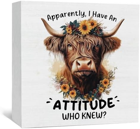 Highland Cow Sign, Farm Cottagecore Animal Office Kitchen Bedroom Decor, Apparently I Have an Attitude Who Knew Wooden Box Signs, Apparently Highland Cow Gifts for Women Men 8x8 in Decorative Signs & Plaques
