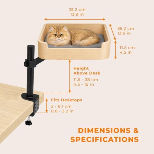 3-in-1 Cat Desk Bed, Cat Window Hammock & Elevated Floor Bed – Wooden Window Perch & Seat, American Oak Finish, 2 Plush Mats, Holds 28 lbs
