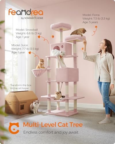 Feandrea Cat Tree, 81.1-Inch Large Cat Tower, Multi-Level Condo, Jelly Pink