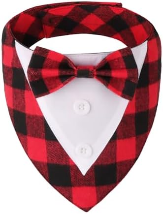 ADOGGYGO Christmas Dog Tuxedo Bandana, Red Plaid Xmas Pet Bowtie Collar, Adjustable Christmas Costumes for Extra Large Dogs (XL)