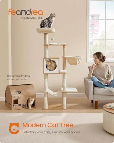 Feandrea Cat Tree, 65-Inch Tall Cat Tower, Multi-Level Condo with Cave
