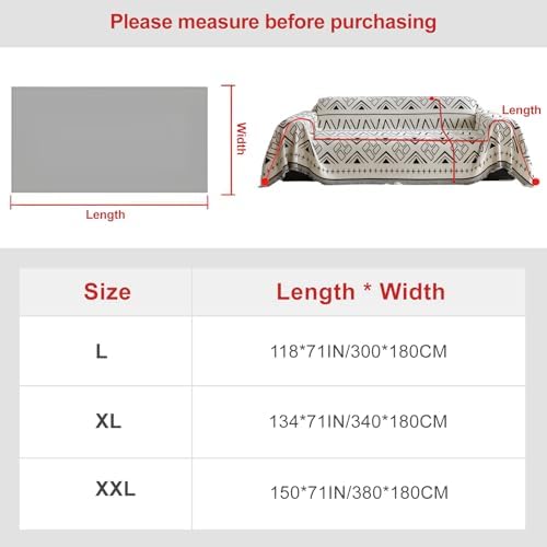 AMWAN Beige Couch Cover with Black Boho Geometric Pattern Universal Chenille Couch Cover Soft Durable Sofa-Bed Chenille Slipcover for Dogs Cats with Tassel 71"x150"