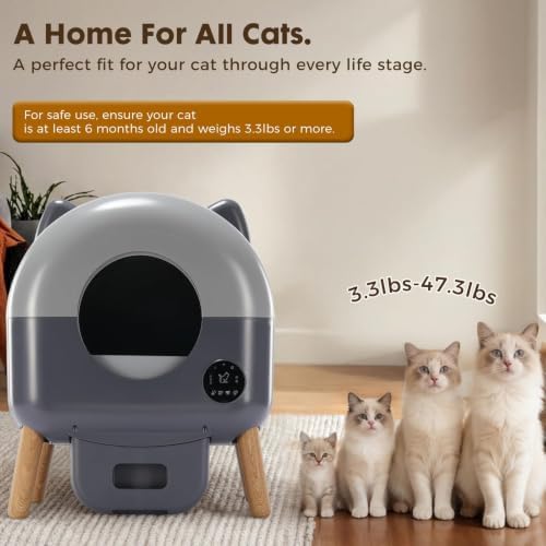 GTPLAYER Self Cleaning Litter Box, Automatic Cat Litter Box - APP Control and Weight Monitoring, Safety Sensors Protection, Ultra-Quiet, Odor Control, Includes Trash Bag& Scrub Brush, Deep Gray