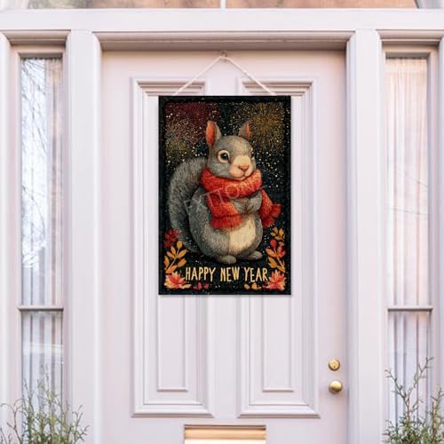 Happy New Year Garden Flag 12x18 Double Sided Vertical Linen Small Fireworks Squirrel House Flag Welcome Holiday Winter House Outdoor Outside Decorations (27162)