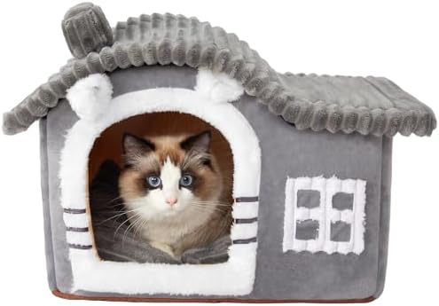 Jiupety Bear Cat Houses for Indoor Cats, Chimney Cute Cat Bed Cave, Enough Interior Space, Cartoon Soft Pet House Up to 3-7 lbs Kitten, Gray