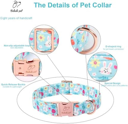 Easter Dog Collar, Cute Blue Bunny Easter Collar for Boy Girl Dogs, Adjustable Heavy Duty Spring Holiday Dog Collars for Small Medium Large Dogs with Metal Buckle XL