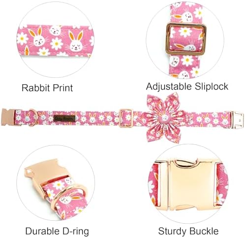 Easter Dog Collar-Pink Rabbit Print Adjustable Cute Pet Collar Soft Pink Flower Dog Collars with Flower Holiday Cotton Metal Buckle Puppy Collar Gift for X-Small Dogs