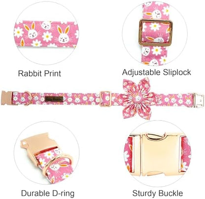 Easter Dog Collar-Pink Rabbit Print Adjustable Cute Pet Collar Soft Pink Flower Dog Collars with Flower Holiday Cotton Metal Buckle Puppy Collar Gift for X-Small Dogs