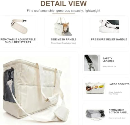 Dog Purse Carrier for Small Dogs, Small Cat Purse Carrier Soft with Large Pocket, Portable Pet Carrier Tote Bag with Safe Leash (White)