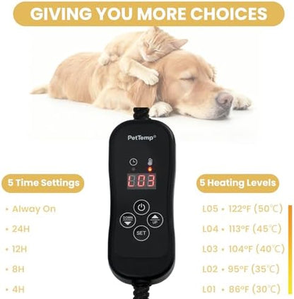 Pet Heating Pad for Cats and Dogs, Heated Cat Bed & Dog Heating Pad with 5 Temperature Levels, Waterproof Heated Pet Mat with Timer, Auto Power-Off and Chew Resistant Cord, 20'' x 16''