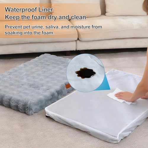 Orthopedic Dog Beds for XL Dogs, Fluffy Faux Rabbit Fur Pet Bed with Removable Washable Cover, Dog Bed Mat with Egg Crate Foam & Waterproof Lining, Anti Slip Bottom, Blue-Grey,44"x32"x4"