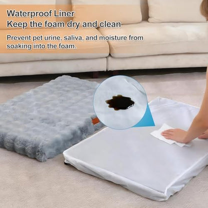 Orthopedic Dog Beds for XL Dogs, Fluffy Faux Rabbit Fur Pet Bed with Removable Washable Cover, Dog Bed Mat with Egg Crate Foam & Waterproof Lining, Anti Slip Bottom, Blue-Grey,44"x32"x4"