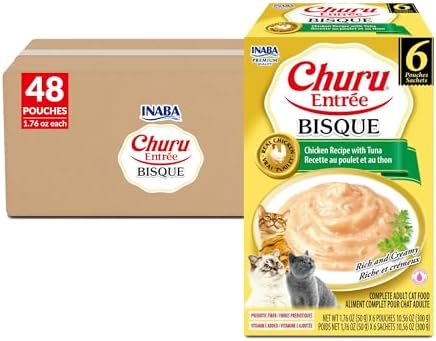 INABA Churu Entrée Bisque for Cats, High Protein & Moisture, Prebiotic Wet Cat Food, 1.76oz. per Serving, 48 Pouches, Chicken with Tuna Recipe