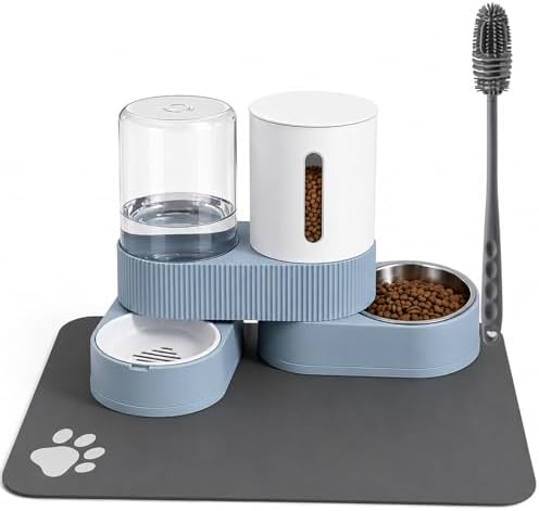 Gravity Cat Feeder and Water Dispenser 2 Pack Automatic Stainless Steel Feeder Bowls with Silicone Mat and Brush Set, Dry Food and Water Dispenser for Cats Small Medium Dogs(Blue)