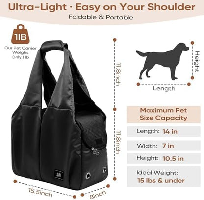 Dog Purse Carrier for Small Dogs, Cats, and Puppies – Soft-Sided Travel Pet Tote Bag with 4 Large Pockets, Foldable, Lightweight, Fits Pets up to 15 lbs, for Travel, Outings (Black)