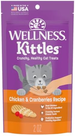 Wellness Kittles Crunchy Cat Treats, All Lifestages, Kitten to Senior, Natural, Grain Free, Chicken and Cranberry Flavor, 2 oz Bag