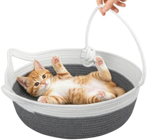 Cotton Rope Woven Cat Bed Basket, Cat Beds for Indoor Cats