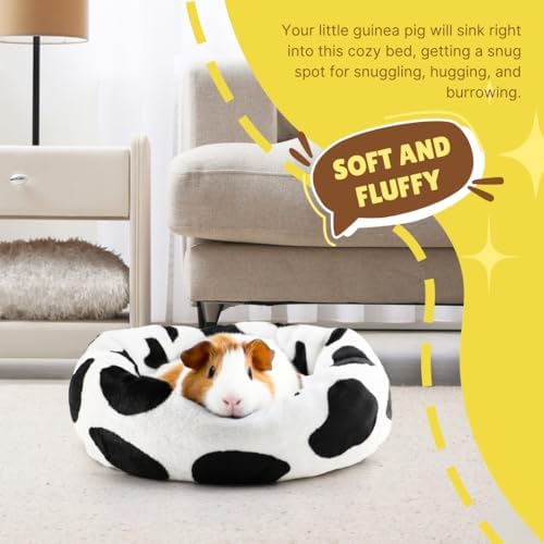 Guinea Pig Bed Soft Washable Donut-Shaped Burrowing Pet Bed for Dwarf Rabbits, Hedgehogs, Chinchillas, Ferrets, Rats Small Animal Mat for Snuggling and Playtime - Cow Pattern
