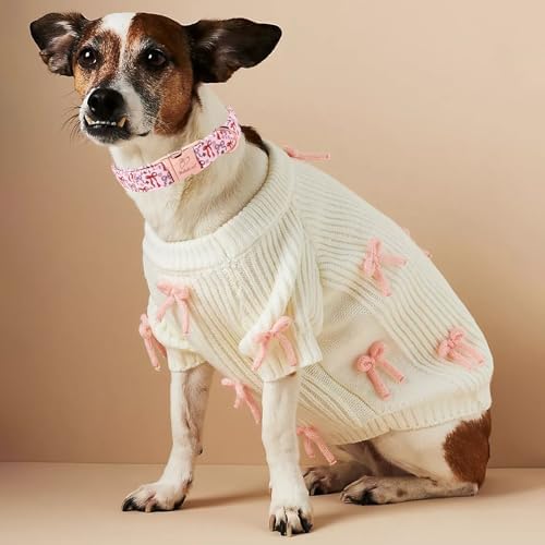 Pink Dog Collar for Female Small Dogs - Cute Bow Pattern Girl Dog Collar for Spring Summer, Adjustable Heavy Duty Pet Valentines Collars with Metal Buckle S