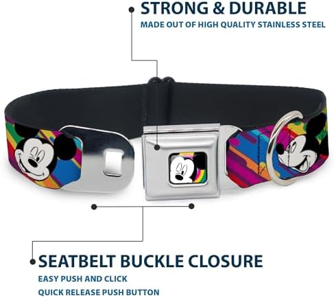 Disney Pet Collar, Dog Collar Metal Seatbelt Buckle, Mickey Mouse Expressions Multi Color White Black, 11 to 16.5 Inches 1.0 Inch Wide