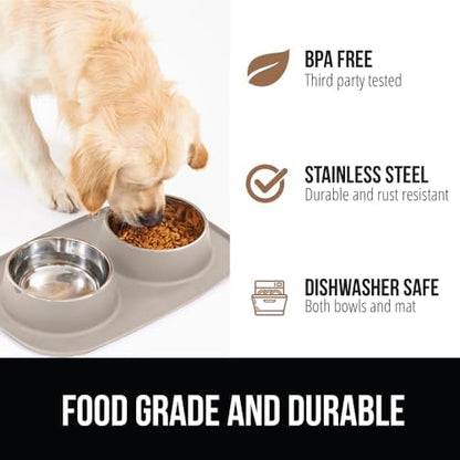 GORILLA GRIP Dog Bowl Set with Feeding Mat, 304 Stainless Steel 4 Cup Beige