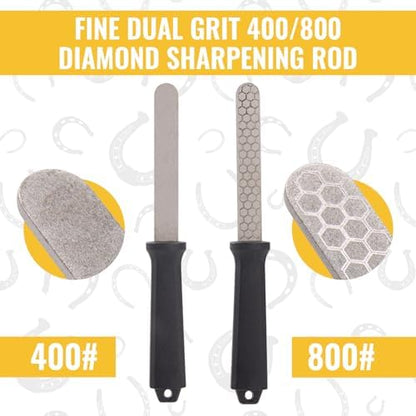 Hoof Knife with Sharpener, 2 PCS Professional Farrier Kit, Curved Stainless Steel Trimming Knife & 400/800 Grit Diamond Rod, Ergonomic Wood Handle, Rust-Resistant for Horses, Cattle