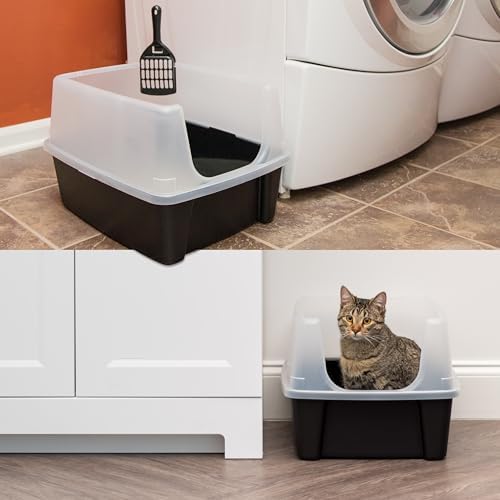IRIS USA Large High Sided Cat Litter Box, Scatter Shield, Black